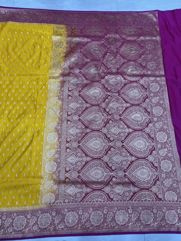 Mustard Yellow & Rani Pink Banarasi Silk Saree with Silver Zari Pallu