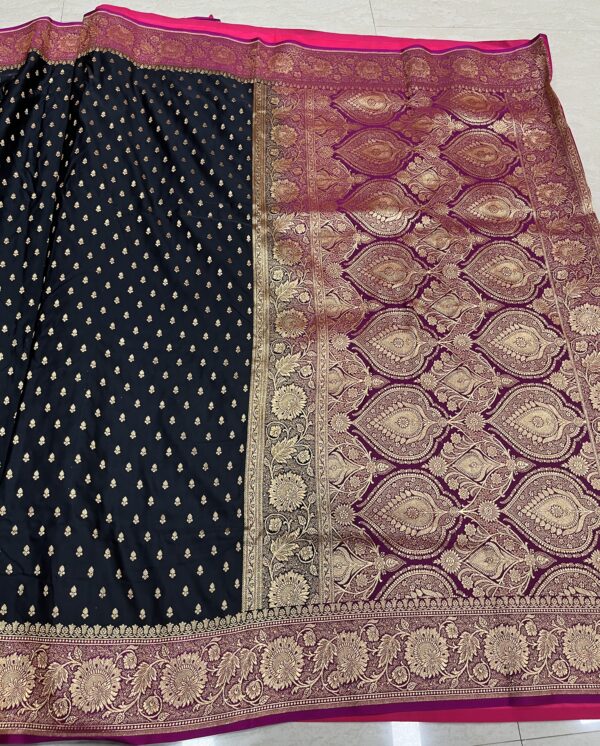 Black & Rani Pink Banarasi Silk Saree with Gold Zari Border