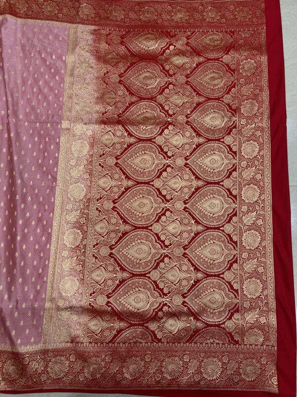 Peach Pink & Red Banarasi Silk Saree with Gold Zari Border
