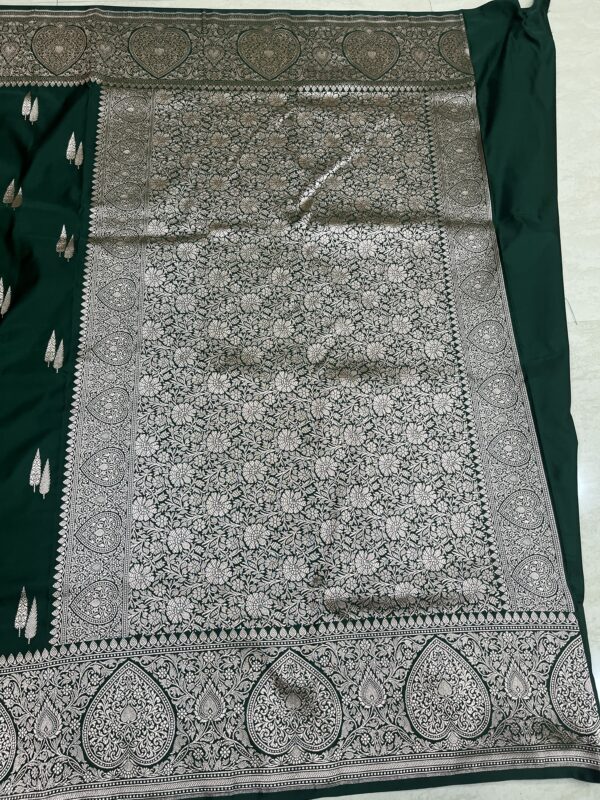 Bottle Green Banarasi Silk Saree with Gold Zari Buti & Heavy Border