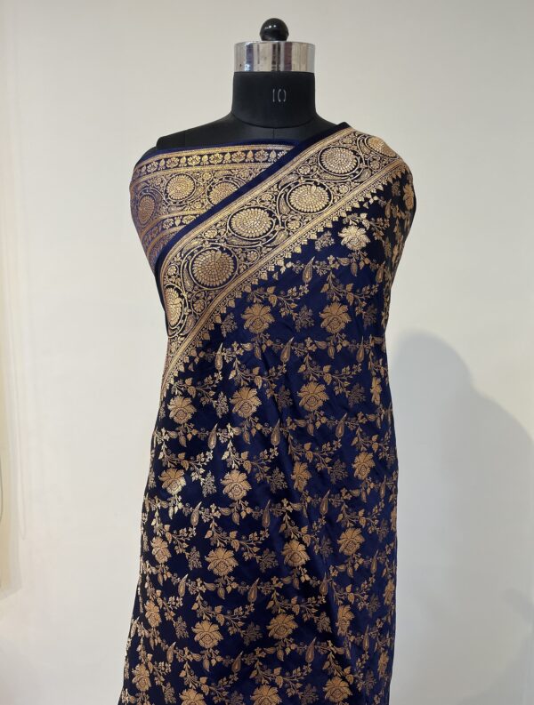 Royal Navy Blue Banarasi Silk Saree with Antique Gold Zari Work