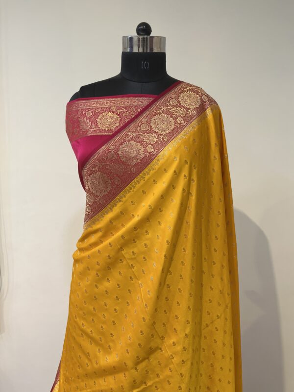 Mustard Yellow & Rani Pink Banarasi Silk Saree with Silver Zari Pallu