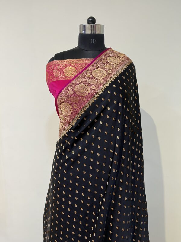 Black & Rani Pink Banarasi Silk Saree with Gold Zari Border