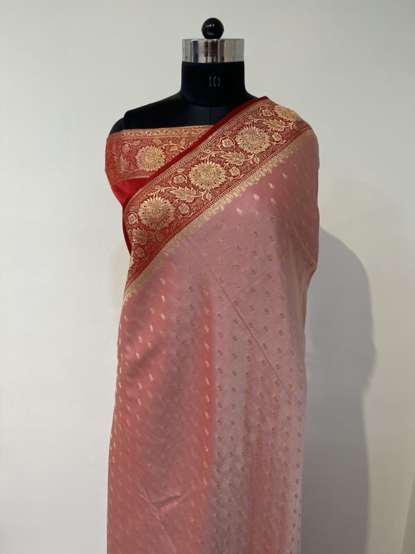Peach Pink & Red Banarasi Silk Saree with Gold Zari Border