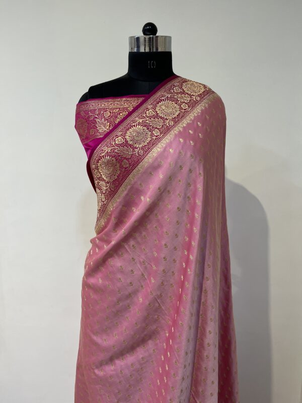 Soft Pink & Rani Pink Banarasi Silk Saree with Gold Zari Border