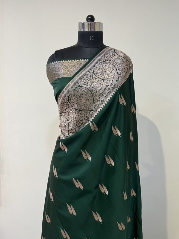 Bottle Green Banarasi Silk Saree with Gold Zari Buti & Heavy Border